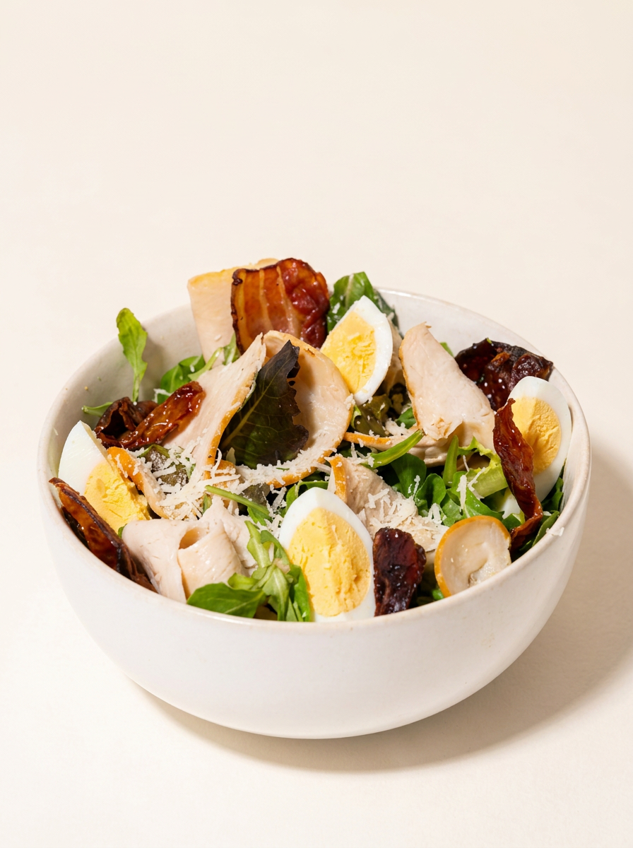 Verse salade met kip, ei en zongedroogde tomaat in een witte kom